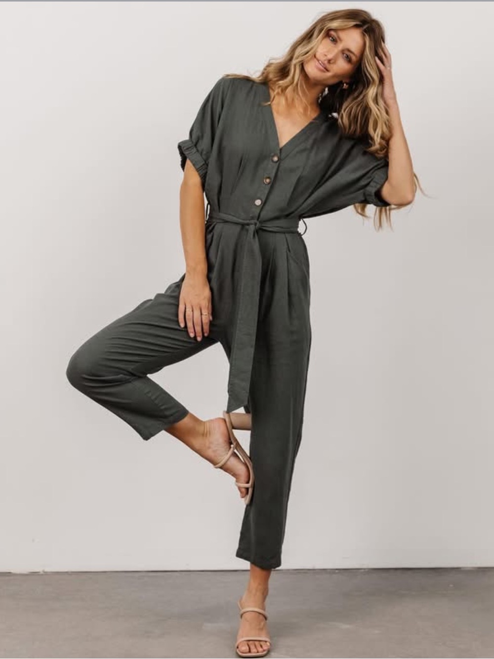 In Loom Linen Blend V-Neck Jumpsuit in Mushroom NWT